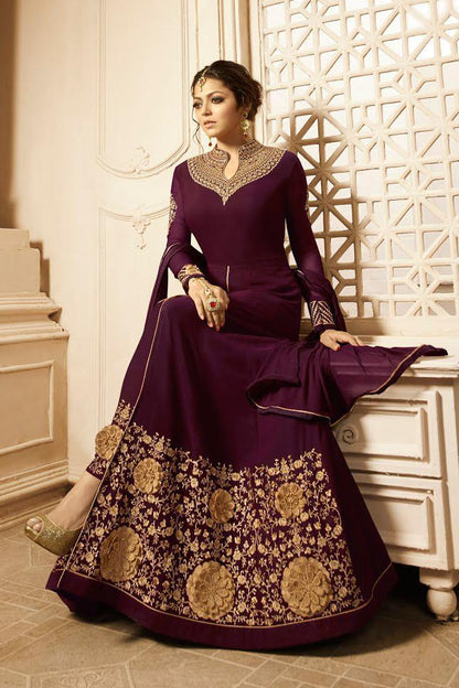 Plum with Gold Ghera Embroidered Anarkali Suit