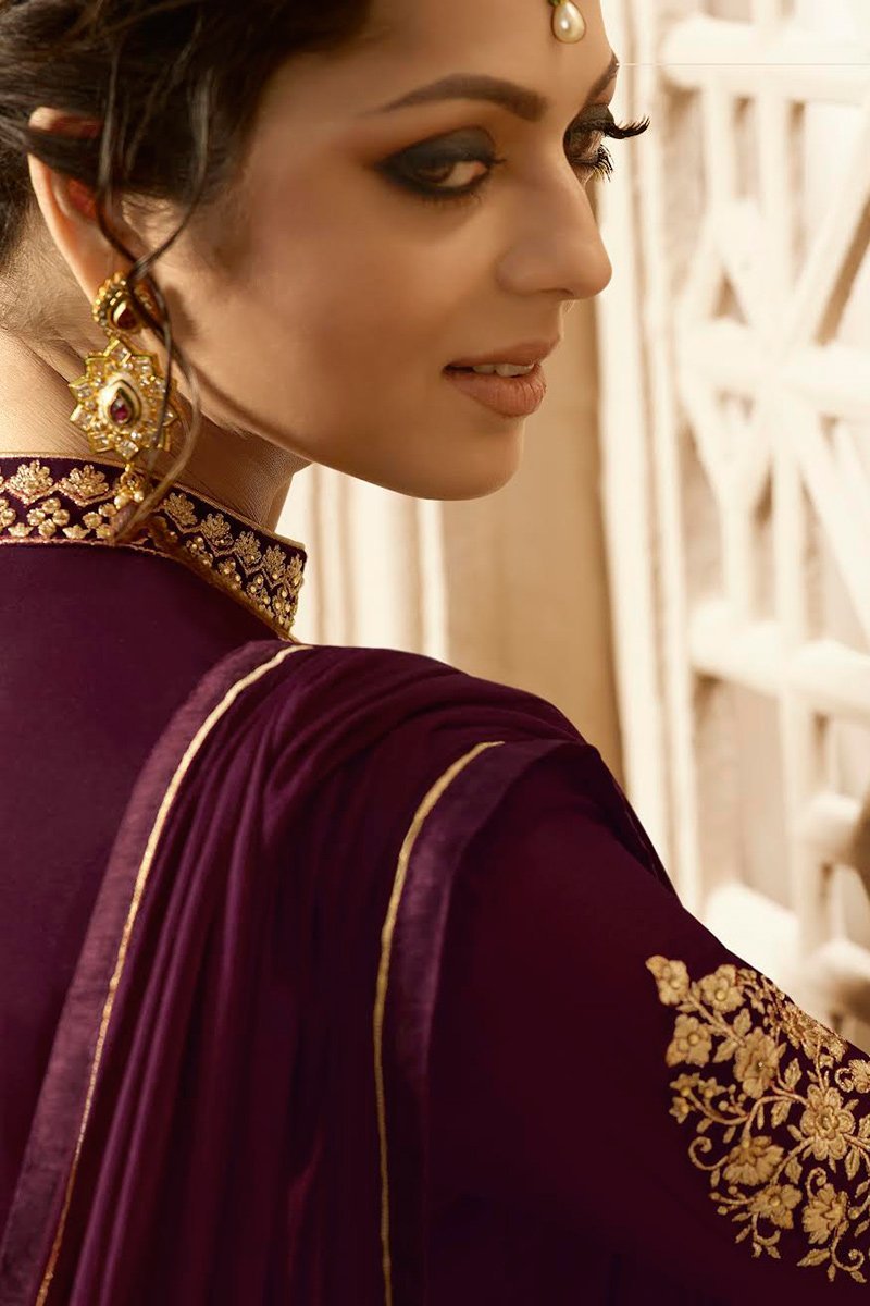 Plum with Gold Ghera Embroidered Anarkali Suit