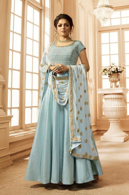 Light Blue Embroidered Party Wear Anarkali Suit