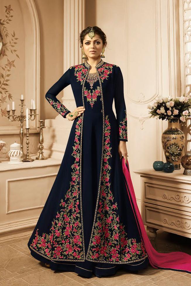 Navy Blue and Pink Jacket Style Embroidered Anarkali Suit