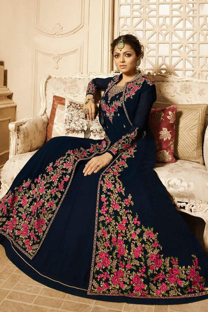 Navy Blue and Pink Jacket Style Embroidered Anarkali Suit