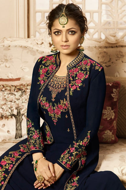 Navy Blue and Pink Jacket Style Embroidered Anarkali Suit