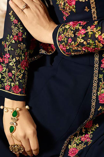 Navy Blue and Pink Jacket Style Embroidered Anarkali Suit