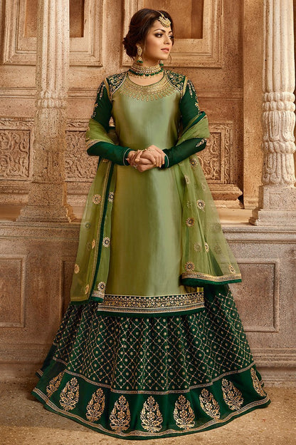 Green Two Tone Georgette Kurti Set with Dual Bottom Lehenga/Pant
