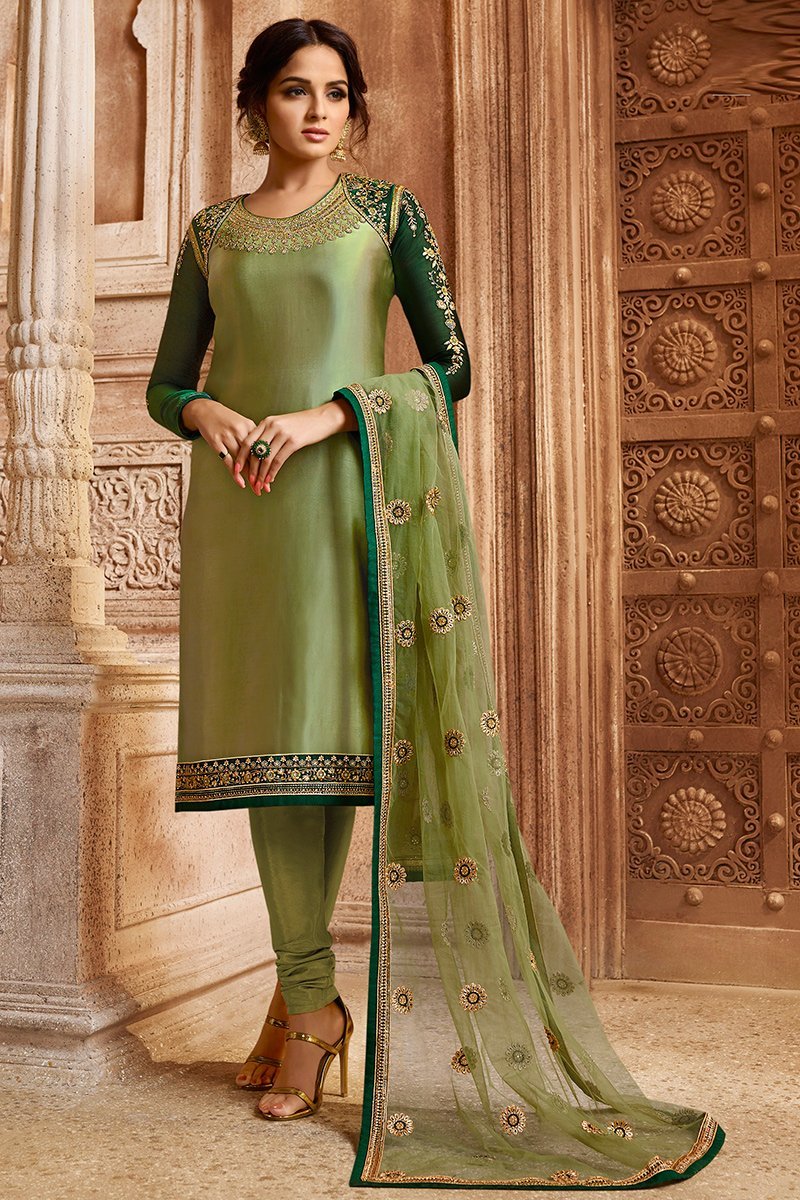 Green Two Tone Georgette Kurti Set with Dual Bottom Lehenga/Pant
