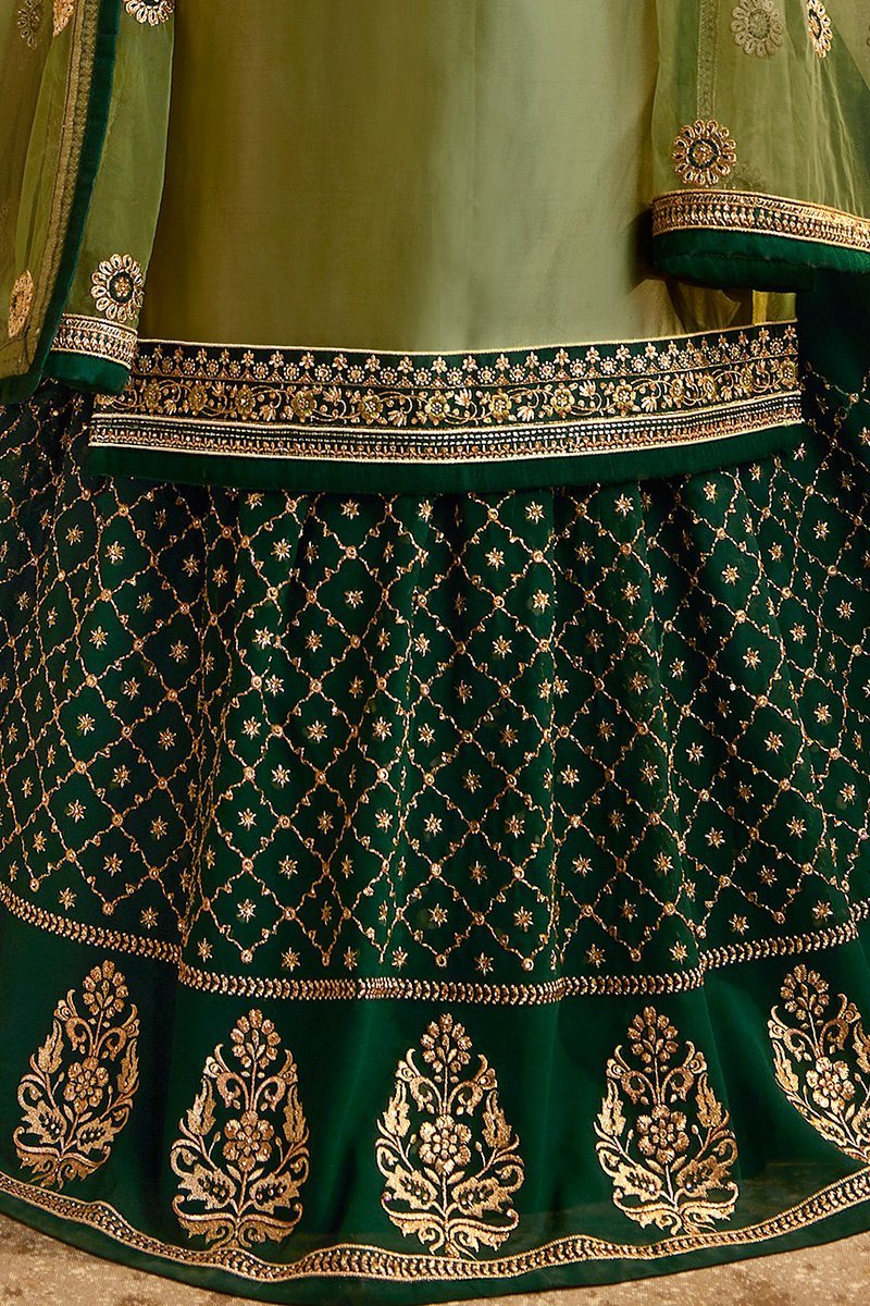 Green Two Tone Georgette Kurti Set with Dual Bottom Lehenga/Pant