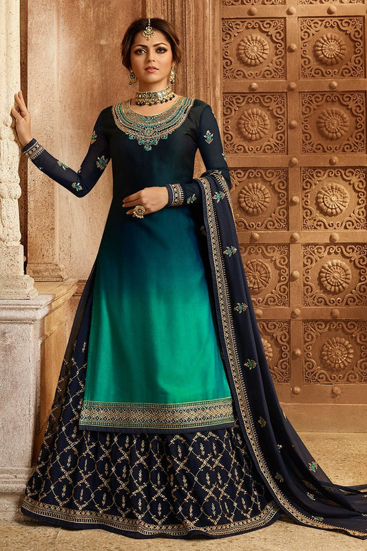 Navy Blue Georgette Kurti Set with Dual Bottom Lehenga/Pant