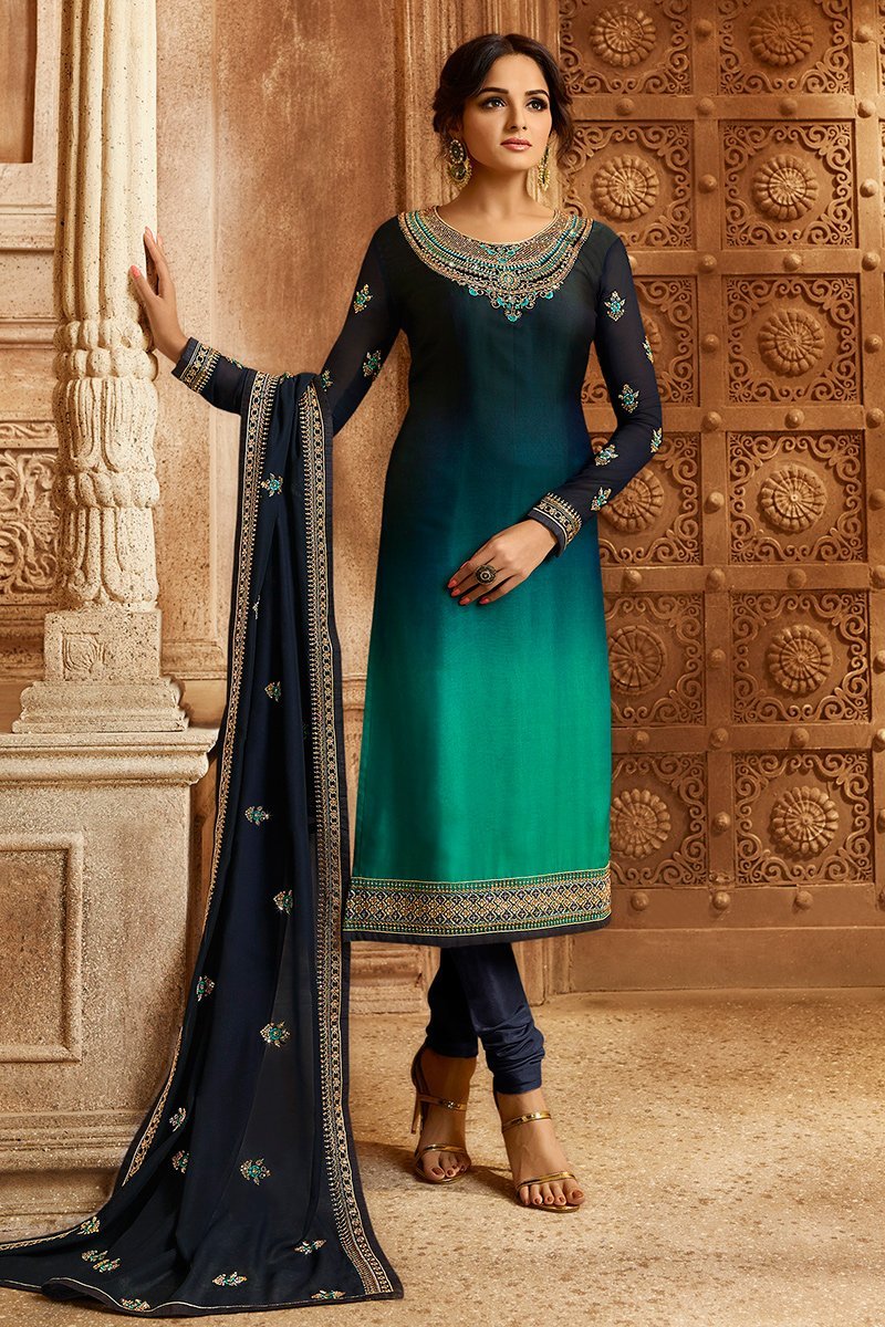 Navy Blue Georgette Kurti Set with Dual Bottom Lehenga/Pant