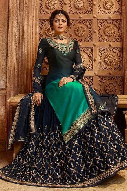 Navy Blue Georgette Kurti Set with Dual Bottom Lehenga/Pant