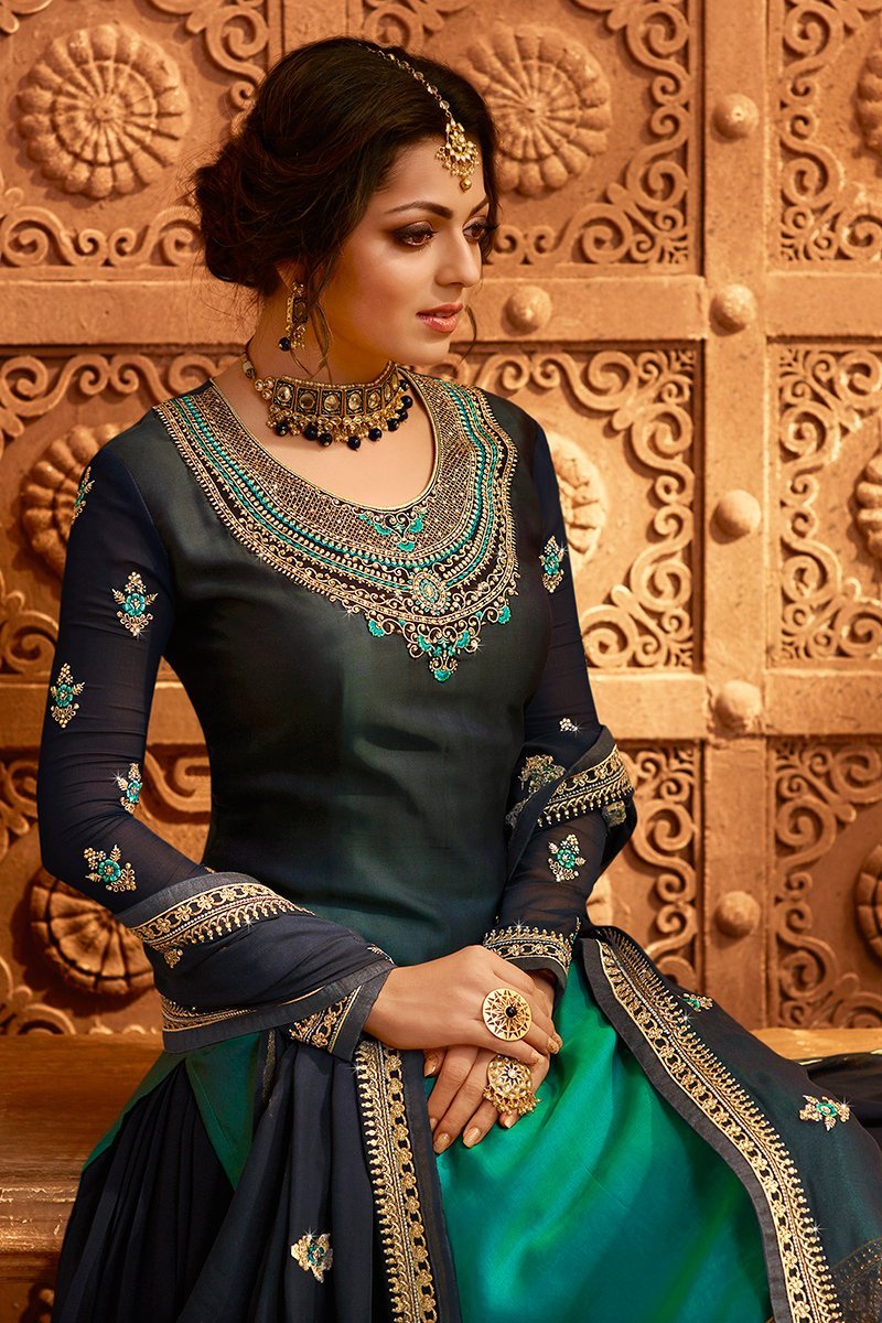 Navy Blue Georgette Kurti Set with Dual Bottom Lehenga/Pant