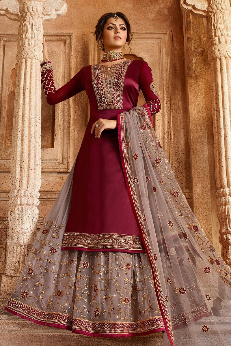 Red And Pink Georgette Kurti Set with Dual Bottom Lehenga/Pant