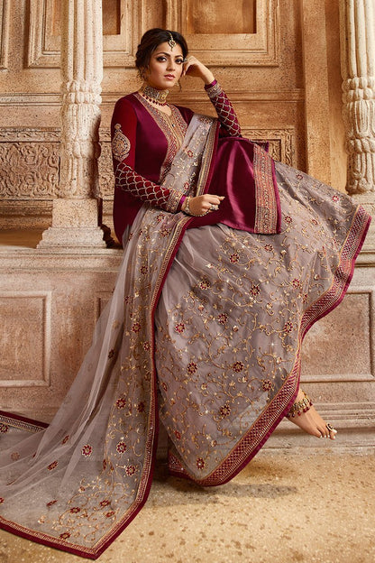 Red And Pink Georgette Kurti Set with Dual Bottom Lehenga/Pant