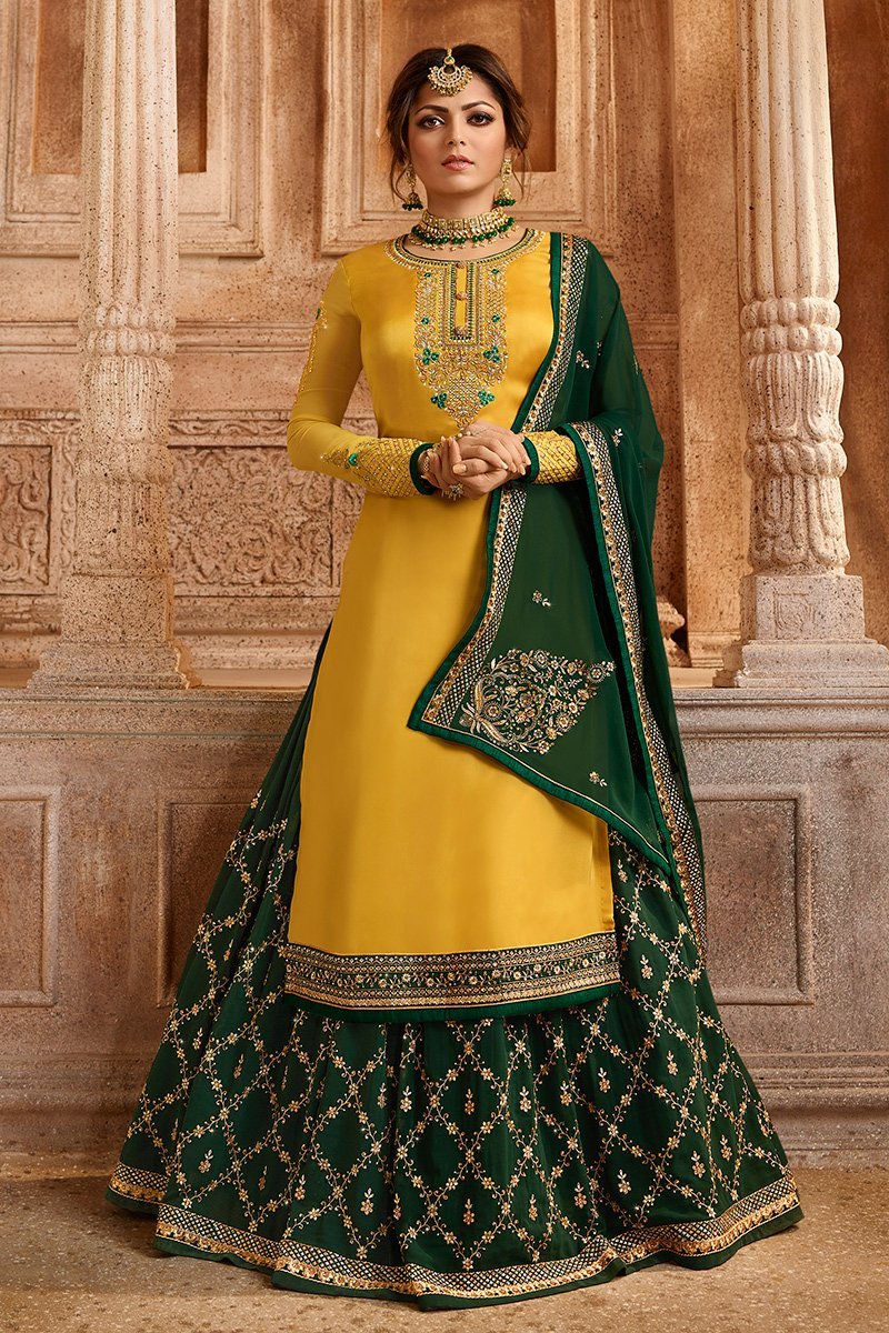 Yellow and Green Georgette Kurti Set with Dual Bottom Lehenga/Pant