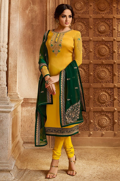Yellow and Green Georgette Kurti Set with Dual Bottom Lehenga/Pant