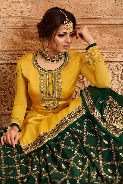 Yellow and Green Georgette Kurti Set with Dual Bottom Lehenga/Pant