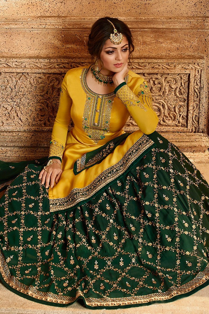 Yellow and Green Georgette Kurti Set with Dual Bottom Lehenga/Pant