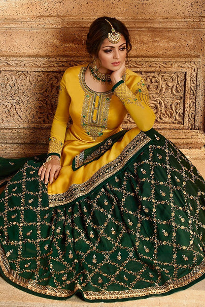 Yellow and Green Georgette Kurti Set with Dual Bottom Lehenga/Pant