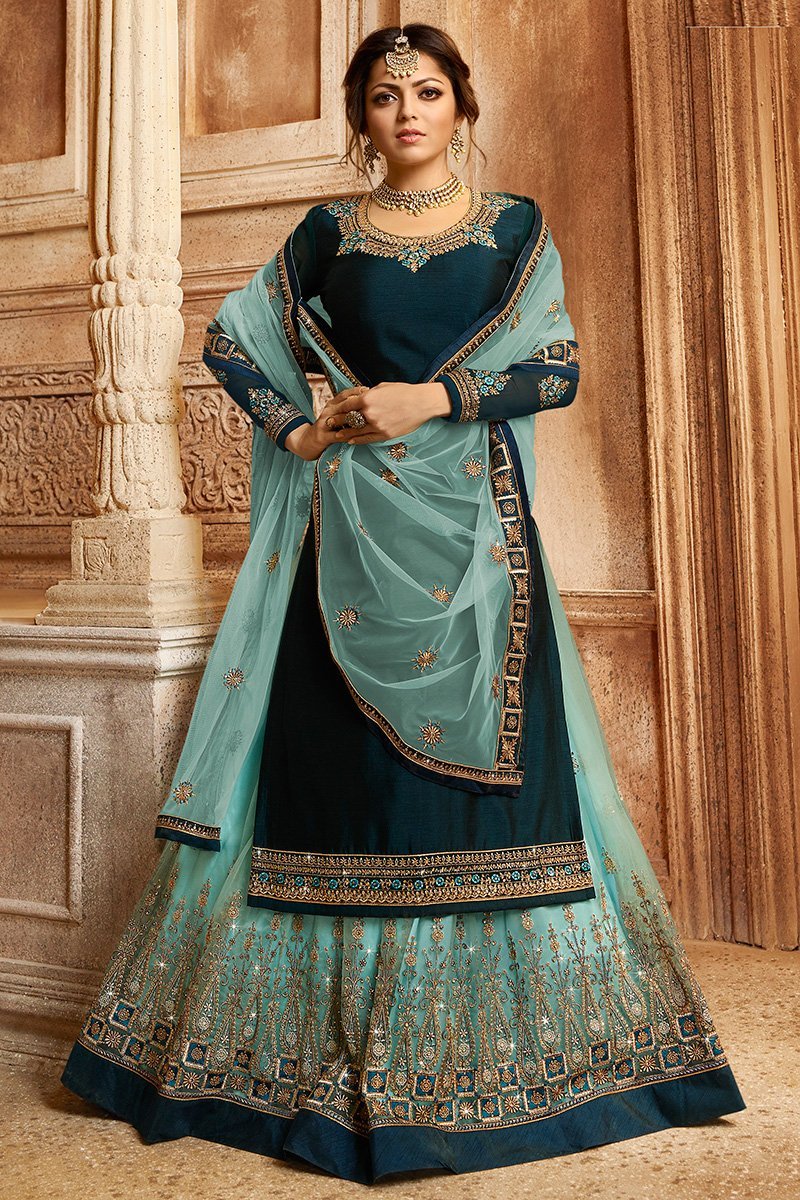 Turquoise Blue Two Tone Georgette Kurti Set with Dual Bottom Lehenga/Pant