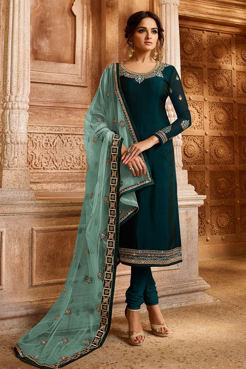 Turquoise Blue Two Tone Georgette Kurti Set with Dual Bottom Lehenga/Pant