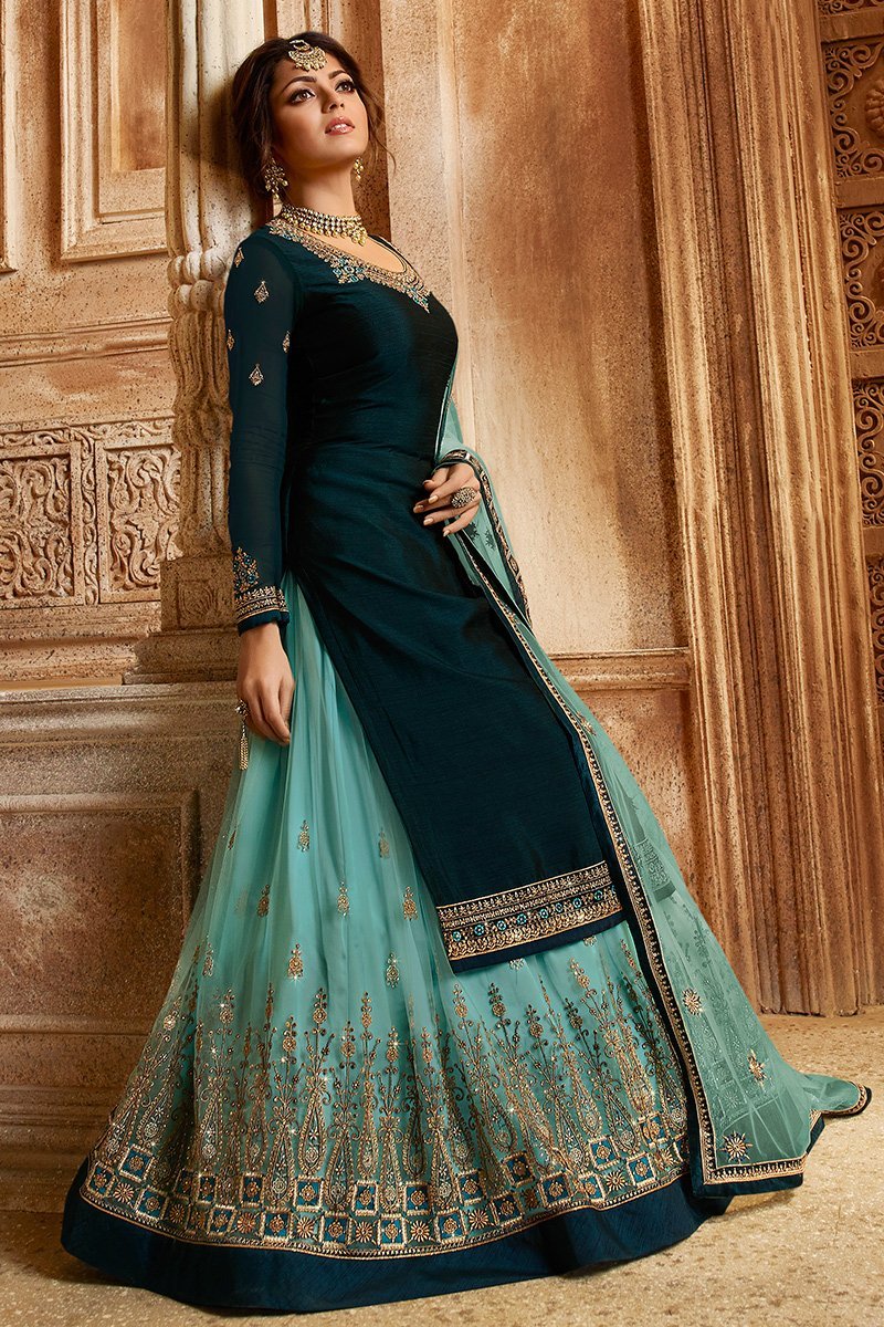 Turquoise Blue Two Tone Georgette Kurti Set with Dual Bottom Lehenga/Pant
