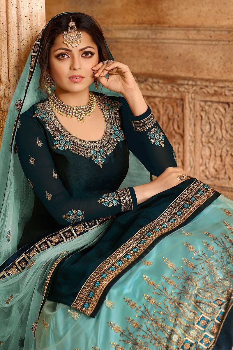 Turquoise Blue Two Tone Georgette Kurti Set with Dual Bottom Lehenga/Pant