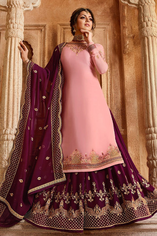 Pink and Plum Georgette Kurti Set with Dual Bottom Lehenga/Pant