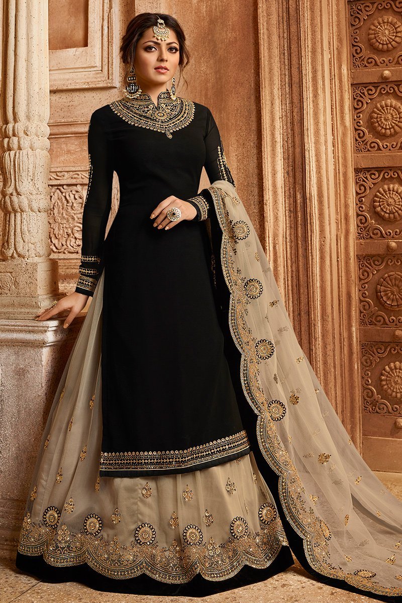 Black and Beige Georgette Kurti Set with Dual Bottom Lehenga/Pant