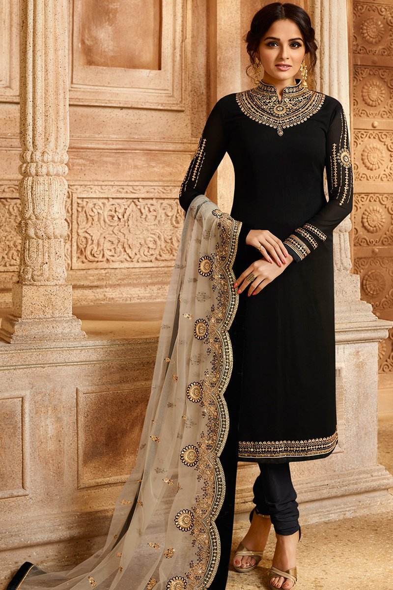 Black and Beige Georgette Kurti Set with Dual Bottom Lehenga/Pant