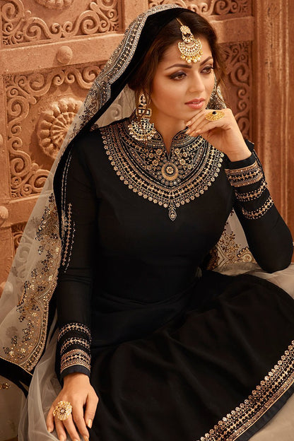 Black and Beige Georgette Kurti Set with Dual Bottom Lehenga/Pant