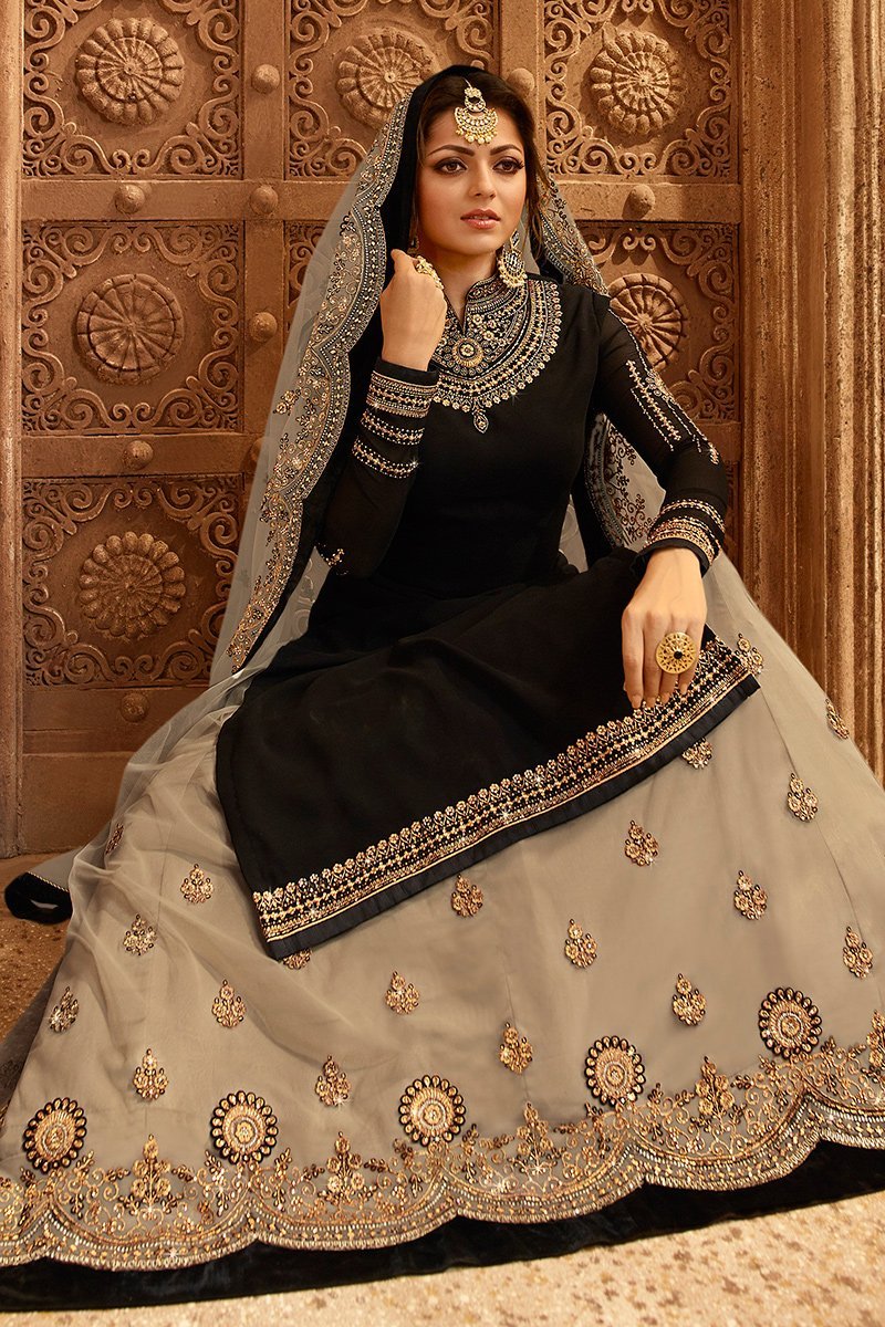 Black and Beige Georgette Kurti Set with Dual Bottom Lehenga/Pant