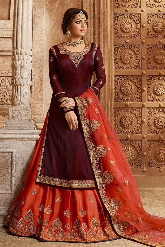 Maroon and Orange Georgette Kurti Set with Dual Bottom Lehenga/Pant