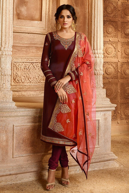 Maroon and Orange Georgette Kurti Set with Dual Bottom Lehenga/Pant