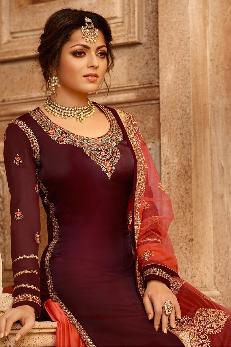 Maroon and Orange Georgette Kurti Set with Dual Bottom Lehenga/Pant