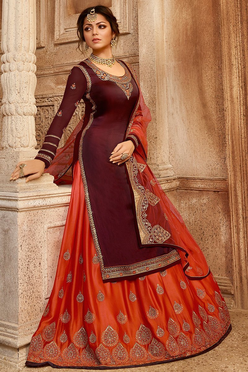 Maroon and Orange Georgette Kurti Set with Dual Bottom Lehenga/Pant