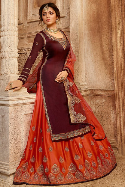 Maroon and Orange Georgette Kurti Set with Dual Bottom Lehenga/Pant