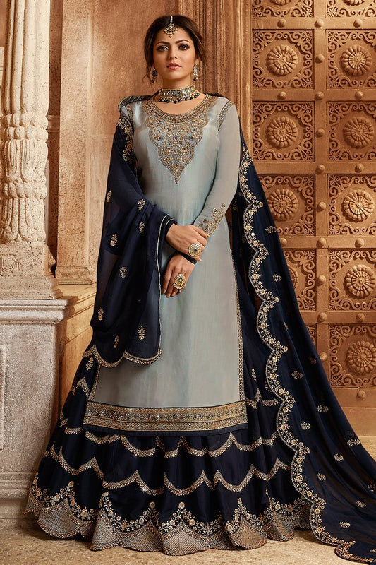 Grey and Navy Blue Georgette Kurti Set with Dual Bottom Lehenga/Pant