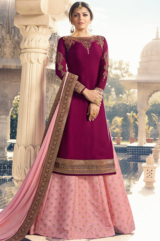 Magenta and Pink Satin Georgette Sharara Suit
