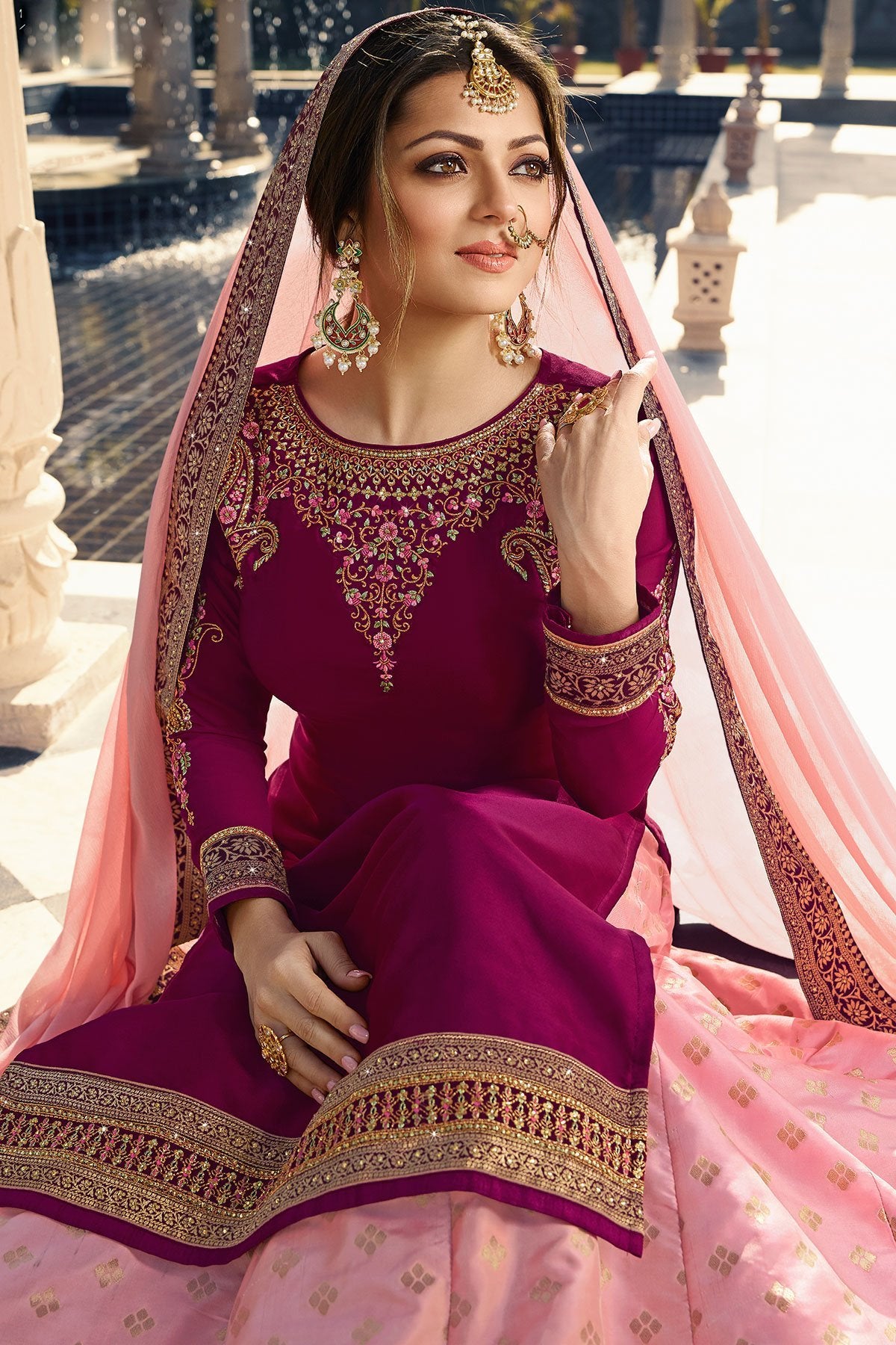 Magenta and Pink Satin Georgette Sharara Suit