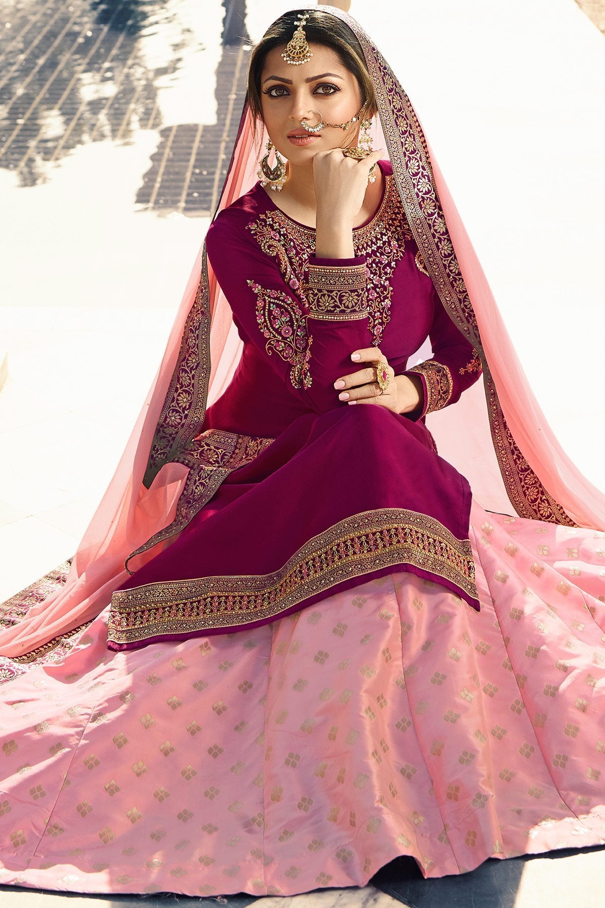 Magenta and Pink Satin Georgette Sharara Suit