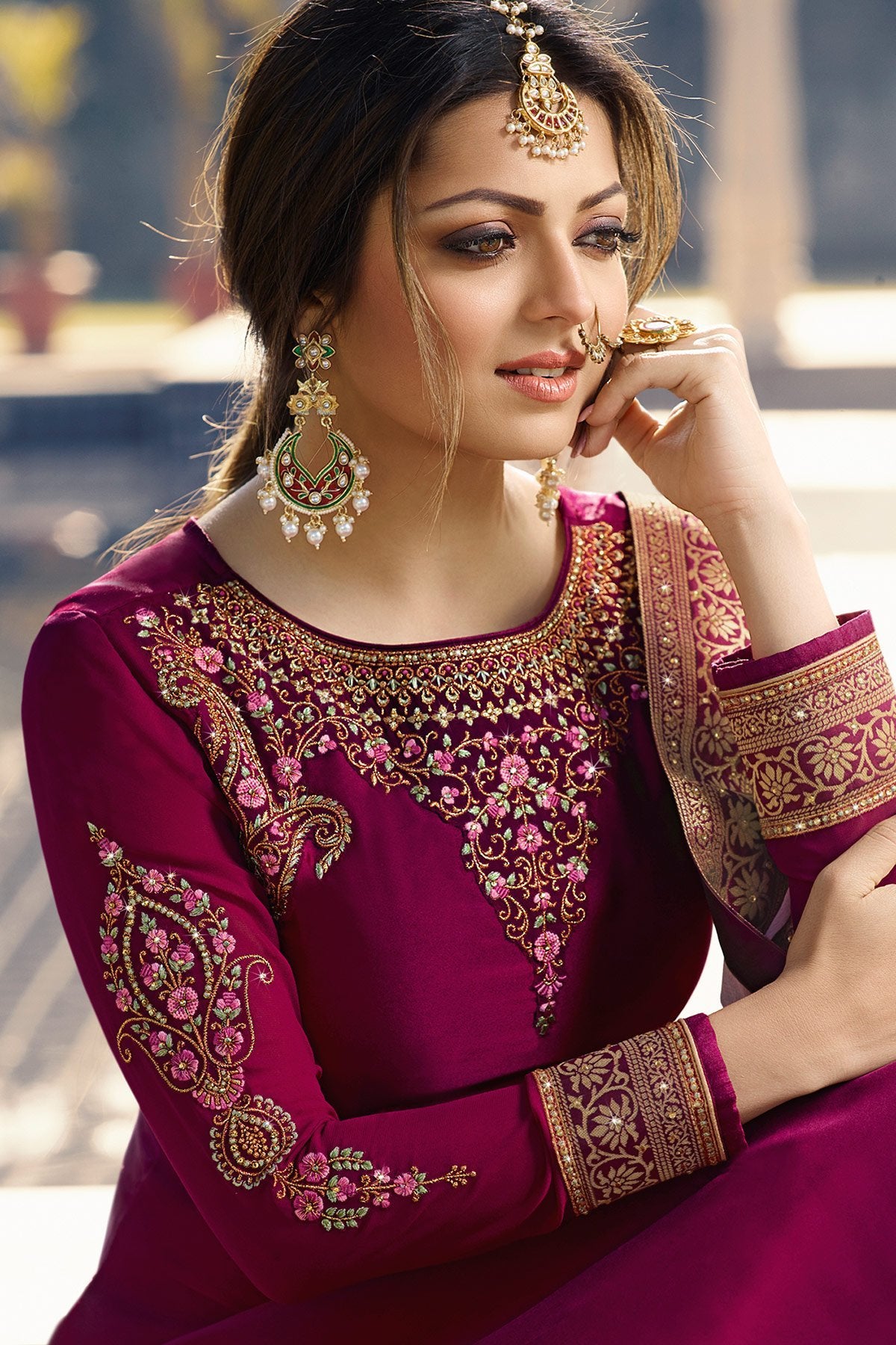 Magenta and Pink Satin Georgette Sharara Suit