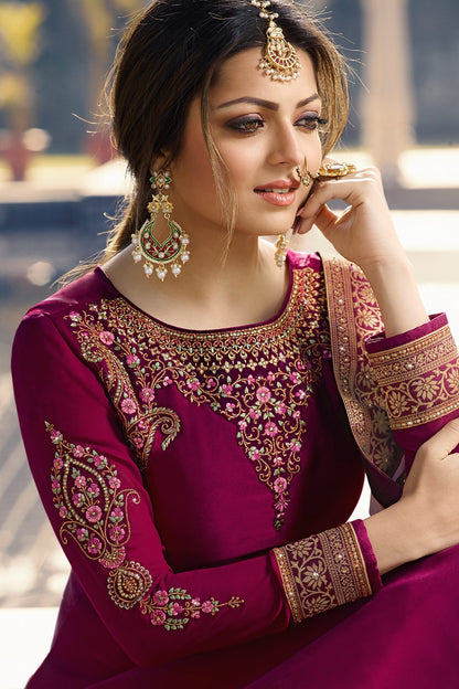 Magenta and Pink Satin Georgette Sharara Suit