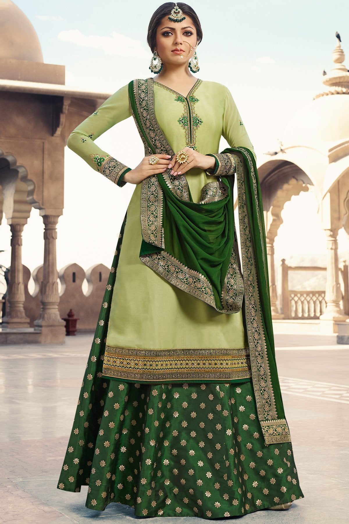 Light and Dark Green Satin Georgette Sharara suit