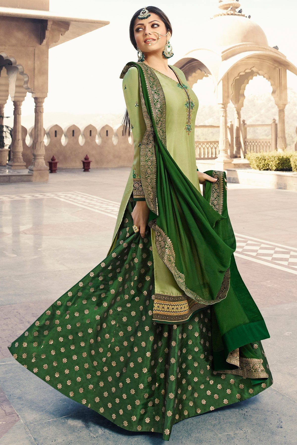 Light and Dark Green Satin Georgette Sharara suit