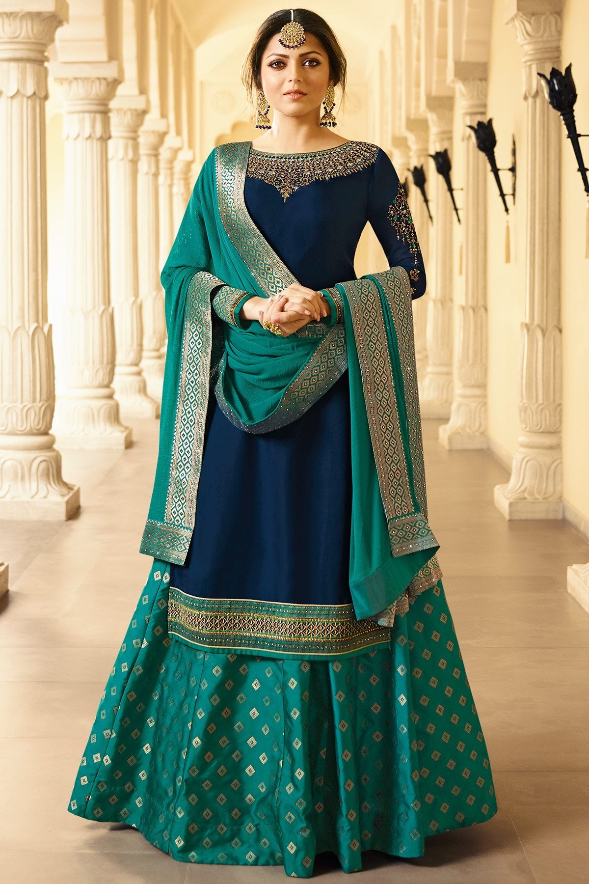 Oxford Blue Satin Georgette Sharara suit