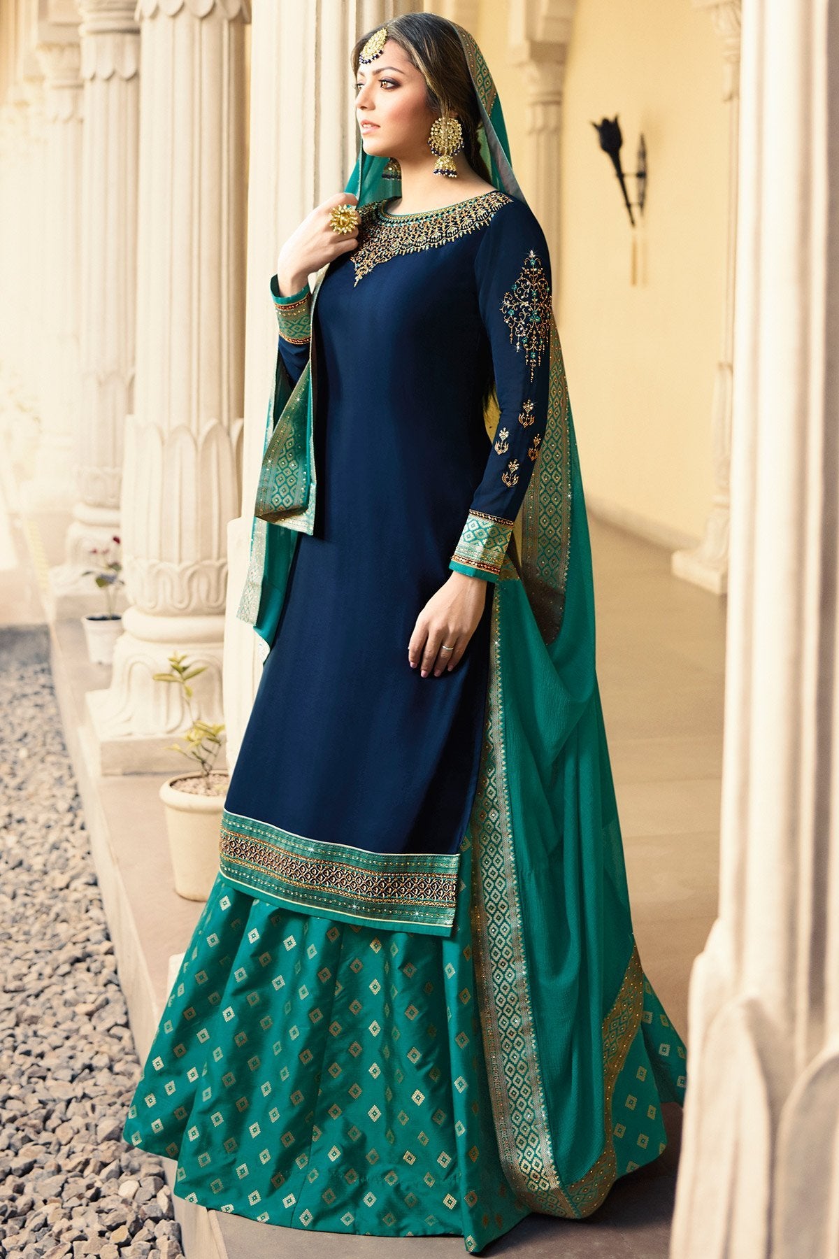 Oxford Blue Satin Georgette Sharara suit