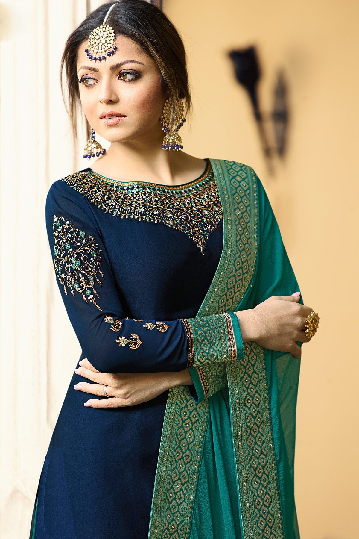 Oxford Blue Satin Georgette Sharara suit