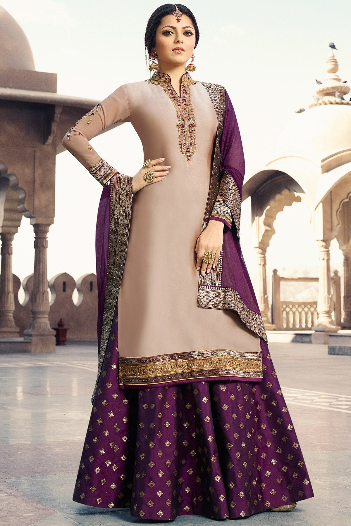 Baby Pink and Purple Satin Georgette Sharara suit