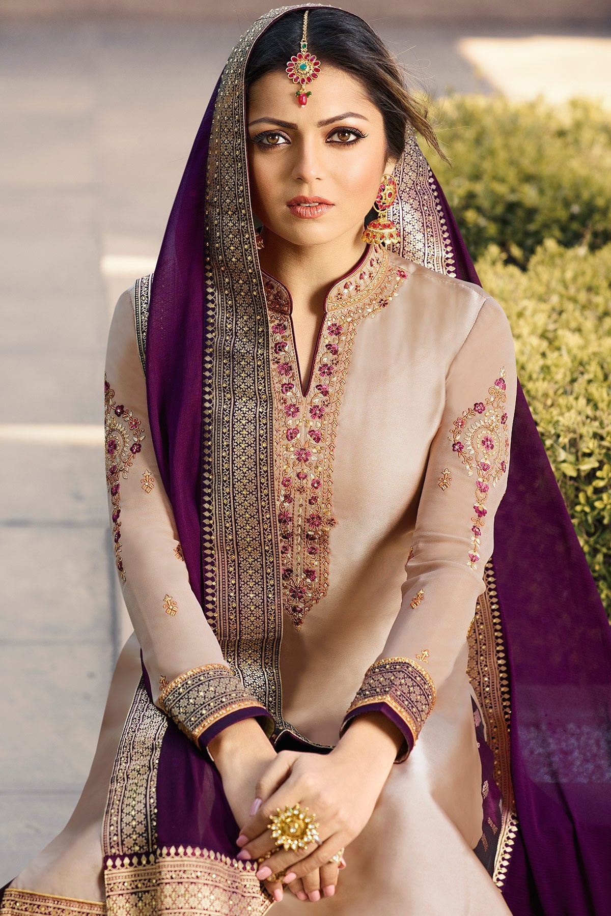 Baby Pink and Purple Satin Georgette Sharara suit