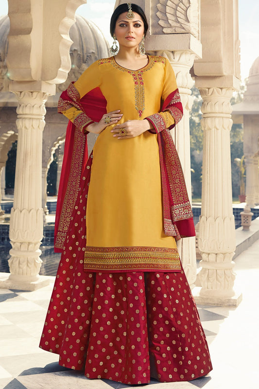 Red & Yellow designer Satin Georgette Sharara suit
