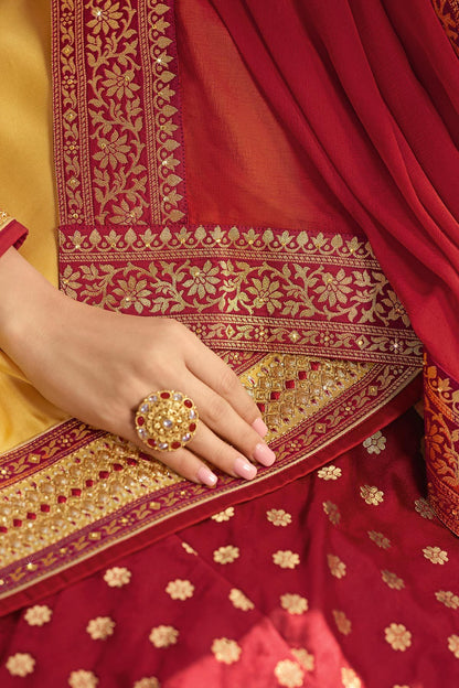 Red & Yellow designer Satin Georgette Sharara suit